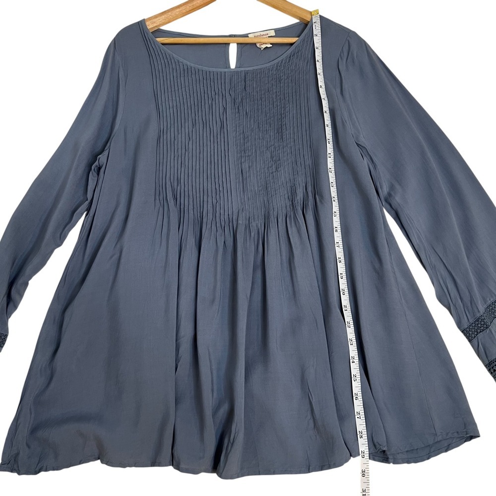 Sundance Catalog Pintuck Ling Sleeve Tunic Blouse Crochet Sleeve Dusty Blue SZ S - Picture 8 of 9